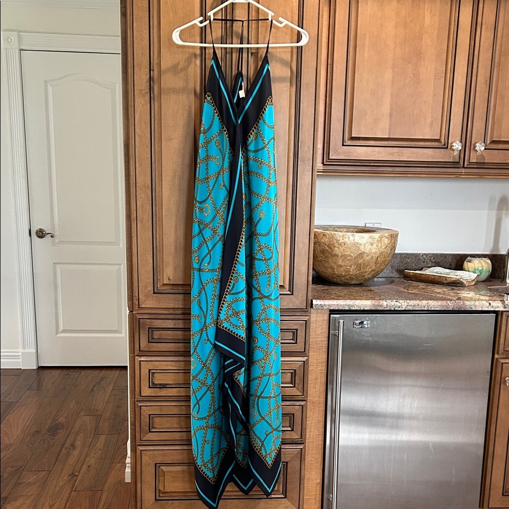 Michael Kors Blue and Black Chain Pattern handkerchief Maxi Dress